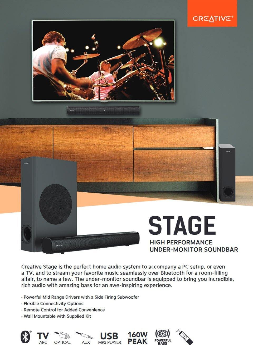 Creative Stage 2.1 High Performance Soundbar With Subwoofer