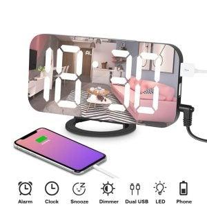 LED Digital Mirror Clock with Dual USB Charging Output