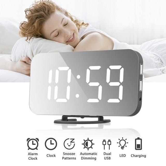 LED Digital Mirror Clock with Dual USB Charging Output